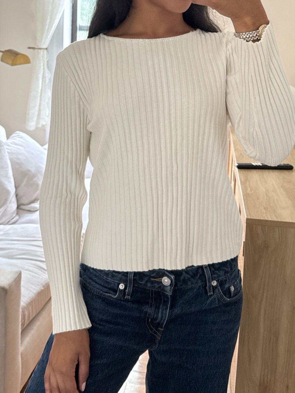 New York Ribs White Ribbed Sweater